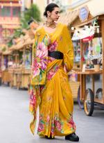 Georgette Mustard Festival Wear Printed Saree